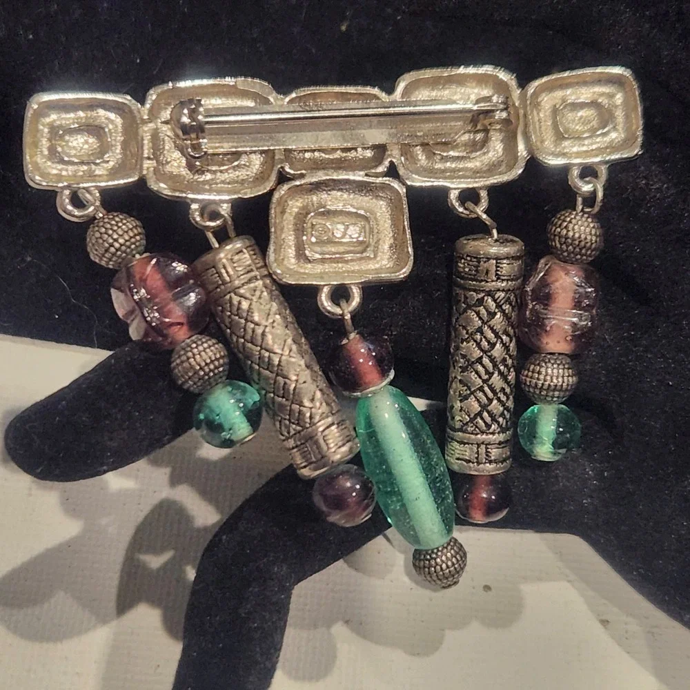 JJ Jonette Vintage Silver Tone Geometric‎ Dangle Brooch Purple Teal Beads